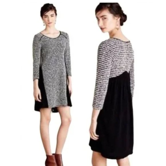 15. Maeve Anthropologie Tweed 3/4 Length Sleeve Black White Dress Size M